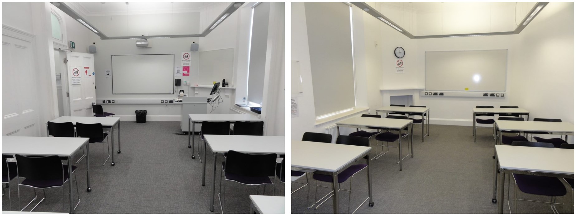 Rows of chairs and tables facing the teaching wall.